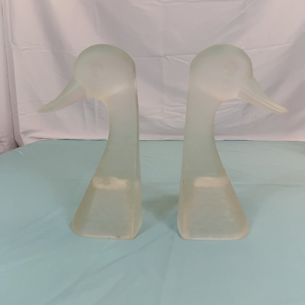 A3-1 DUCK BOOK ENDS FROSTED CARNIVAL GLASS 10" TALL GLASS